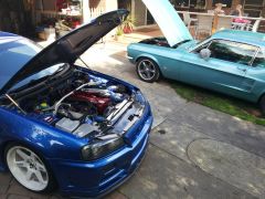 R34 GTR and 67 Mustang